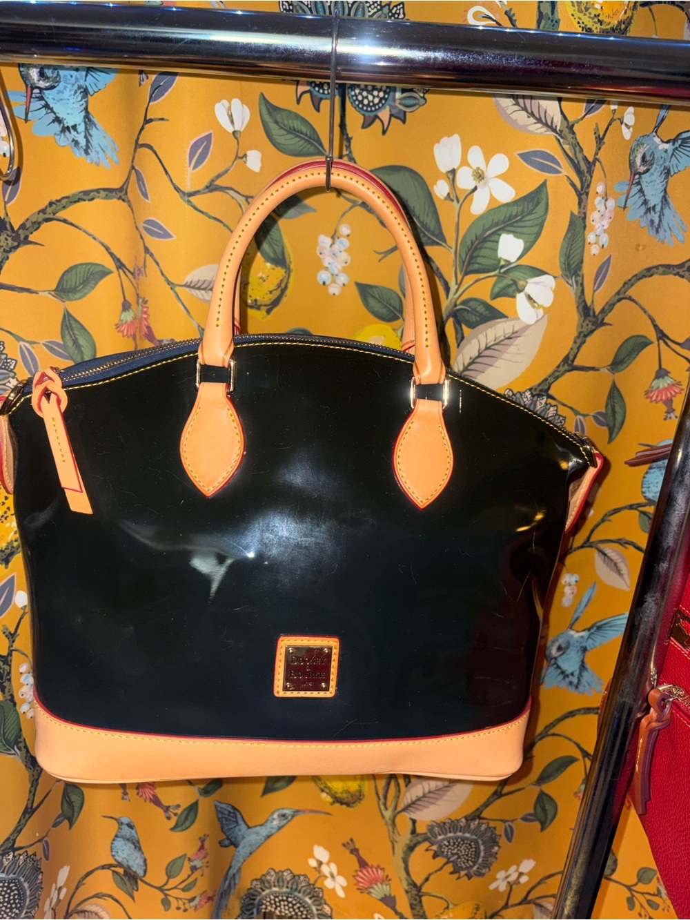 Dooney & Bourke Navy Patent Leather Lockit-Style Satchel with Vachetta Trim